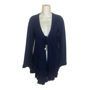 Letarte Maui Hawaii Sz Small Blue Ruffled Tie Front Cashmere Cardigan Sweater